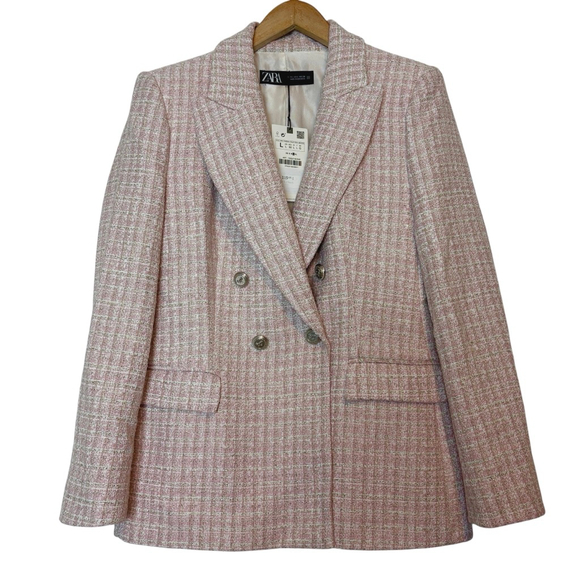 Zara Pink & Silver Tweed Blazer Double Breasted Tailored Jacket Size L NWT - Picture 9 of 14
